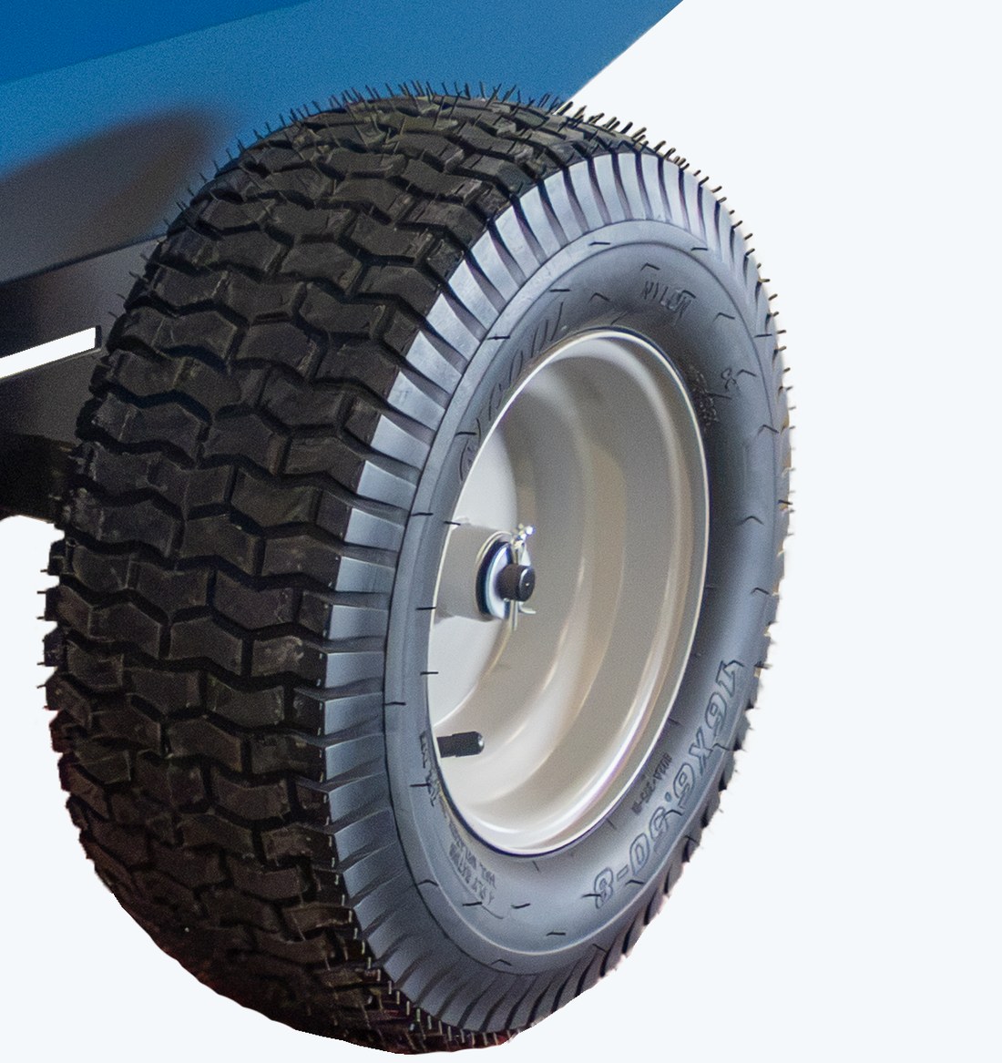 Turf tires on a painted steel wheel