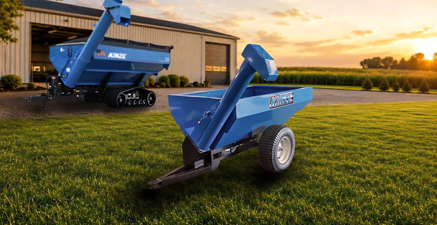 The Kinze Lawn Cart parked on mown grass at sunset, with a full size Kinze grain cart and machine shed behind it